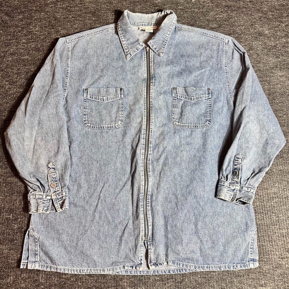 Vintage NY Jeans Women Blue Denim Zip Up Shirt Jacket Light Wash Size L Cotton